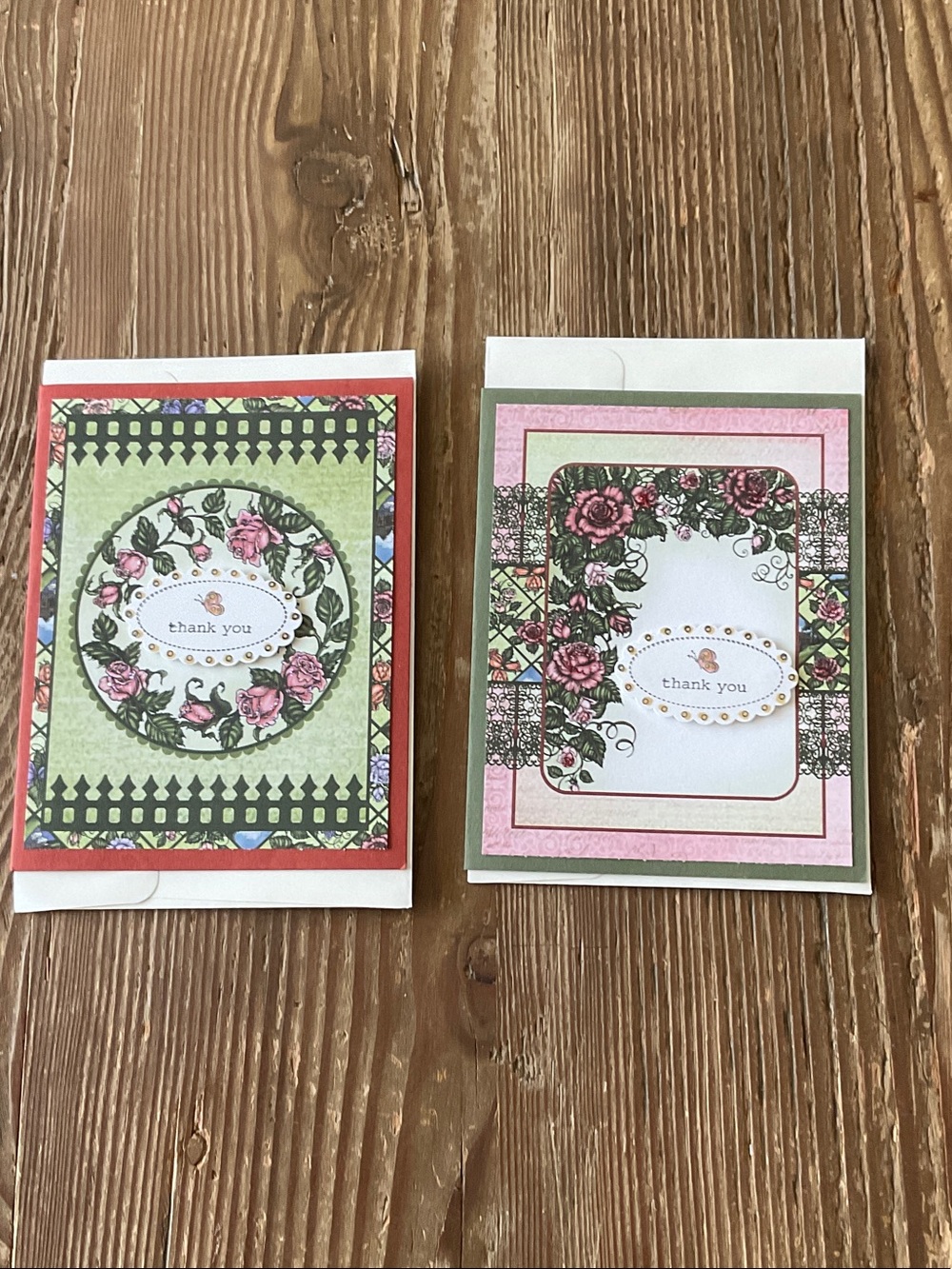 Handmade Rose Wreath Thank You Card Set - Green & Pink set of 2